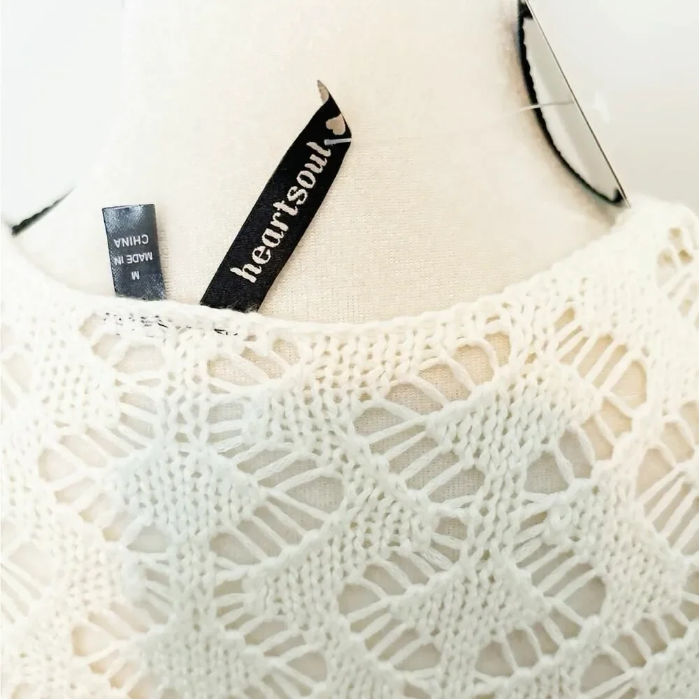 NWT Heartsoul Cream Crochet Knit Fringe Open Front Kimono Cardigan Sweater SizeM - Picture 3 of 4